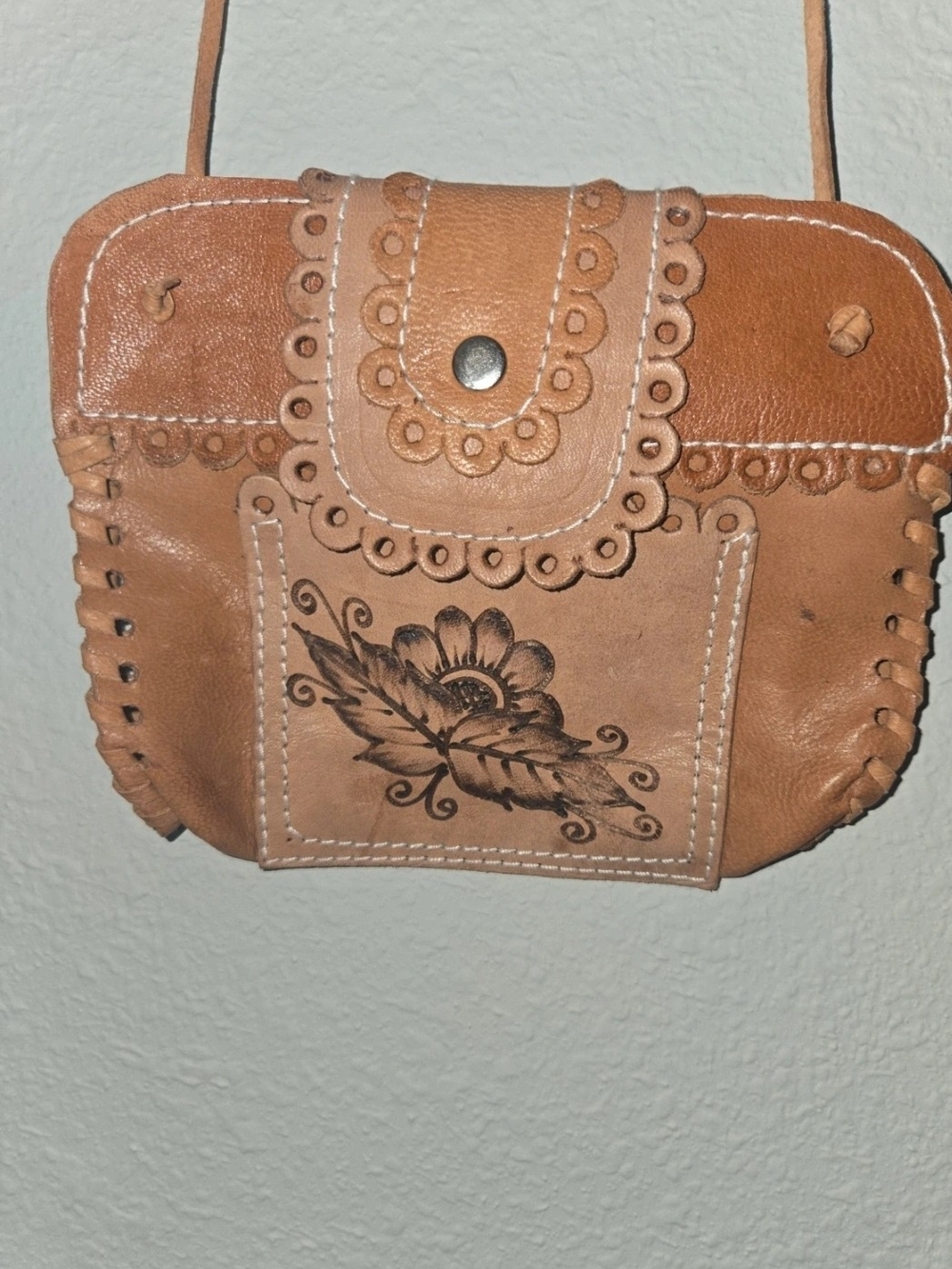 Tan Leather Floral-Accent Crossbody Bag